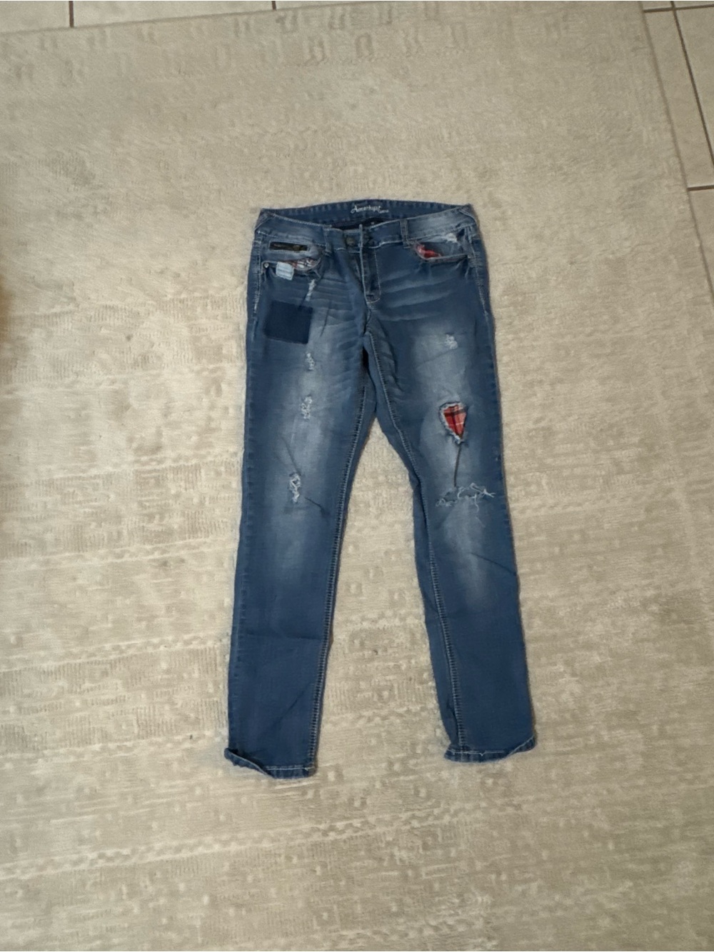 Amethyst Jeans Men's Skinny Distressed Blue Denim with Patch Accents